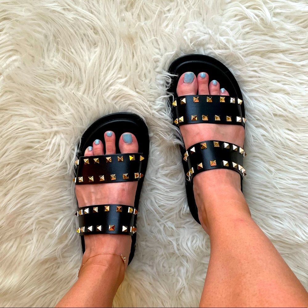 Black Studded Double-Strap Women's Sandals